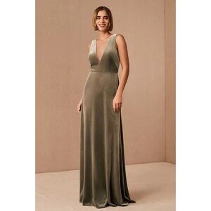 Jenny Yoo Logan Deep V Plunge Sage Velvet Sleeveless Gown Maxi Dress